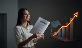Young woman smiling while holding a job offer letter with a career growth chart in the background, representing success through Pay After Placement programs in Bhubaneswar.