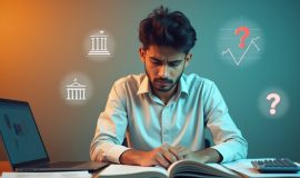 Confused finance student studying with laptop and books, surrounded by banking symbols and question marks, representing challenges in BFSI careers.